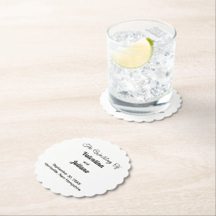 Black and White Wedding Scalloped Round Coaster