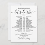 Black And White Wedding Schedule Timeline Card<br><div class="desc">This stylish black and white wedding schedule timeline can be personalised with your wedding details in chic lettering. Designed by Thisisnotme©</div>