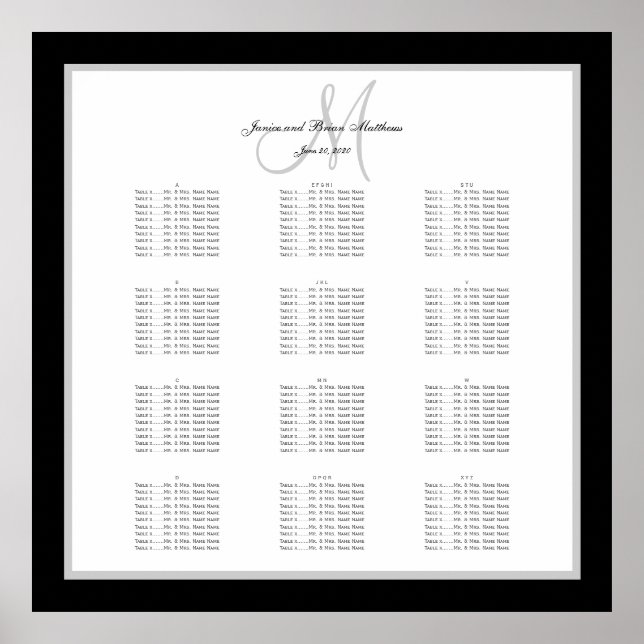 Black and White Wedding Seating Chart for 240 (Front)