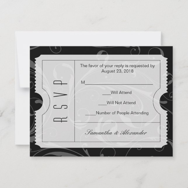 Black and White Wedding Ticket RSVP Card (Front)