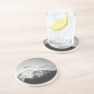 Black and white wedding under the mountains coaster