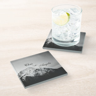 Black and white wedding under the mountains glass coaster