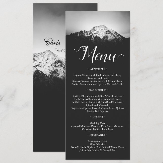 Black and white wedding under the mountains menu (Front/Back)