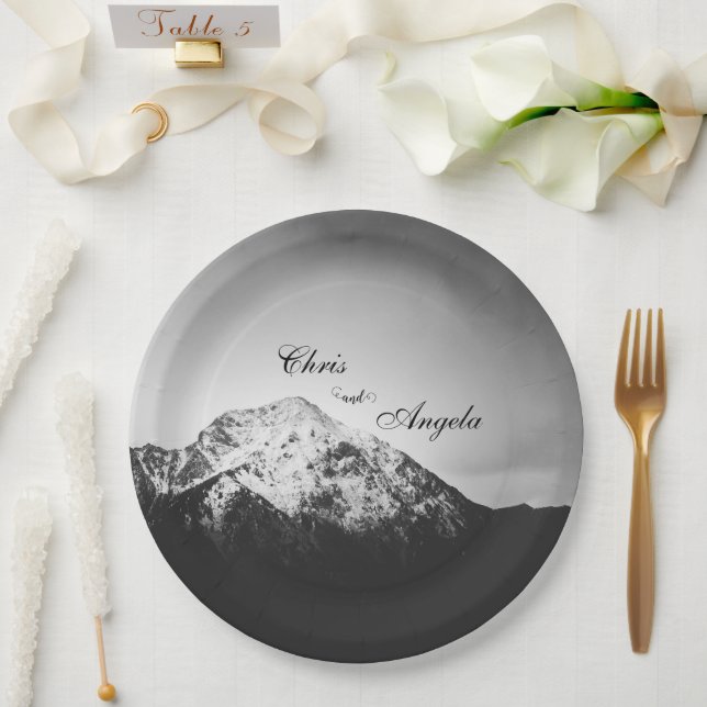 Black and white wedding under the mountains paper plate (Wedding)