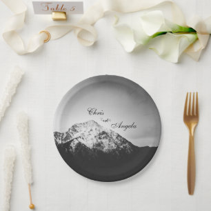 Black and white wedding under the mountains paper plate