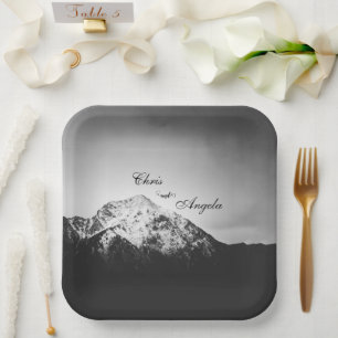 Black and white wedding under the mountains paper plate