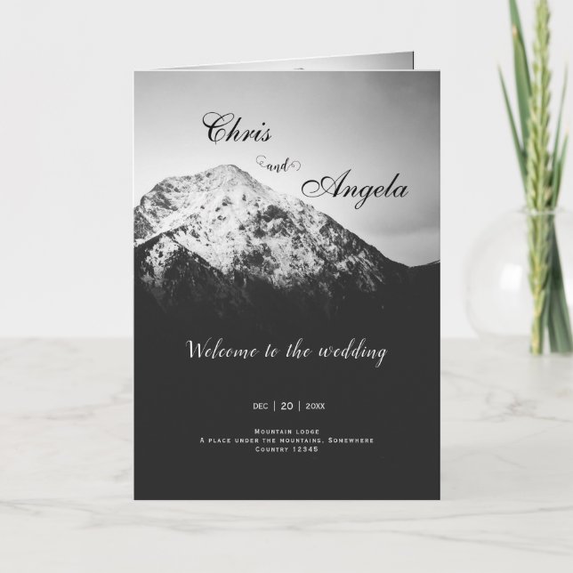 Black and white wedding under the mountains program (Front)