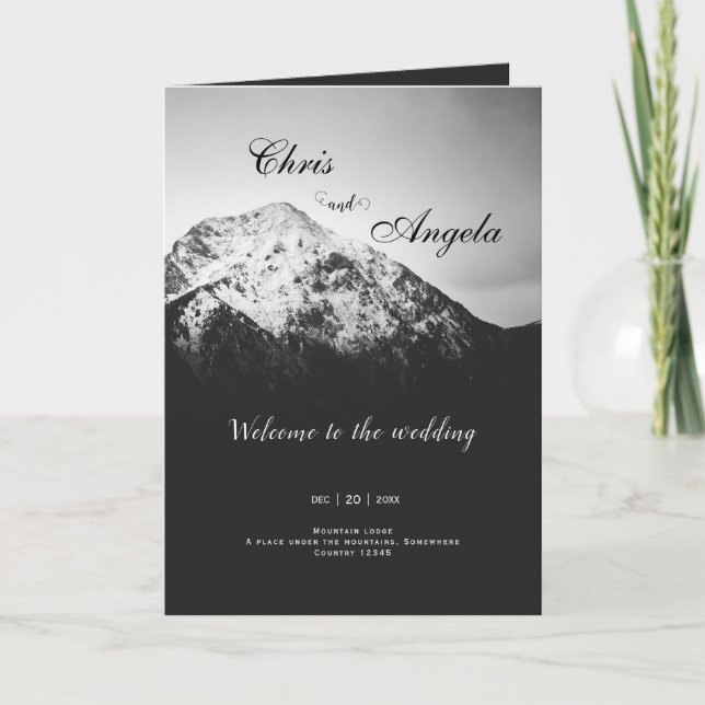 Black and white wedding under the mountains program (Front)