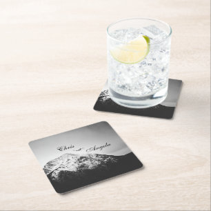 Black and white wedding under the mountains square paper coaster