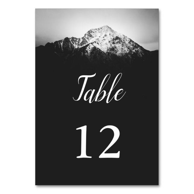 Black and white wedding under the mountains table number (Front)