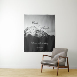 Black and white wedding under the mountains tapestry