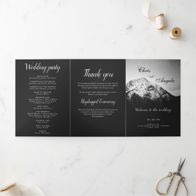 Black and white wedding under the mountains Tri-Fold programme (Outside)