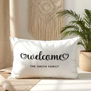 Black and White Welcome Cute Hearts Script Lumbar Cushion