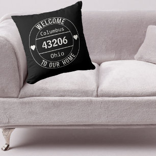 Black and White Welcome to Our Home Zip Code  Cushion
