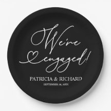 Black And White We're Engaged Engagement Party   Paper Plate