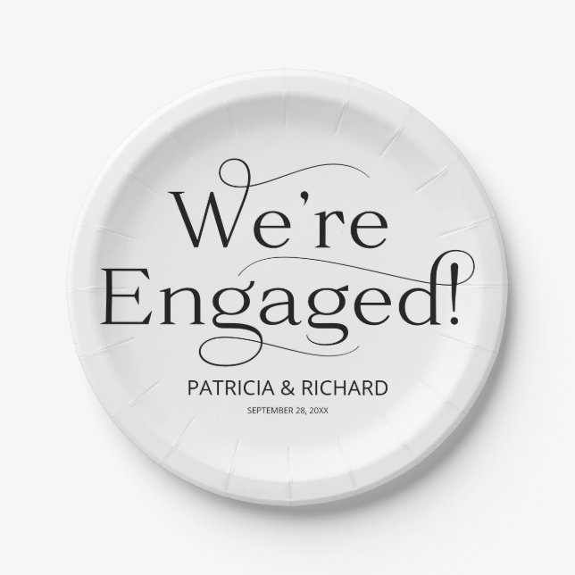 Black And White We're Engaged Engagement Party Paper Plate (Front)