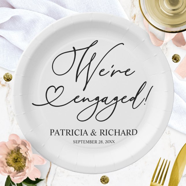 Black And White We're Engaged Engagement Party Paper Plate (Creator Uploaded)