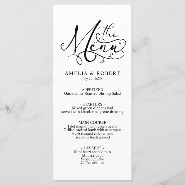Black and White Whimsical Elegant Calligraphy Menu (Front)