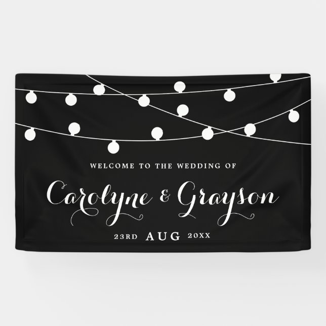 Black and White | Whimsical Fairy Lights Wedding Banner (Horizontal)