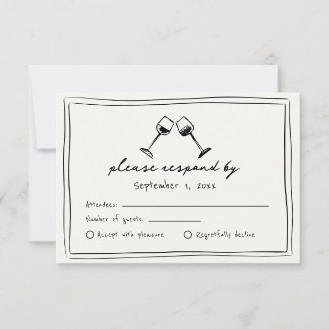 Black and White Whimsical Hand Drawn Wine Wedding RSVP Card (Front)