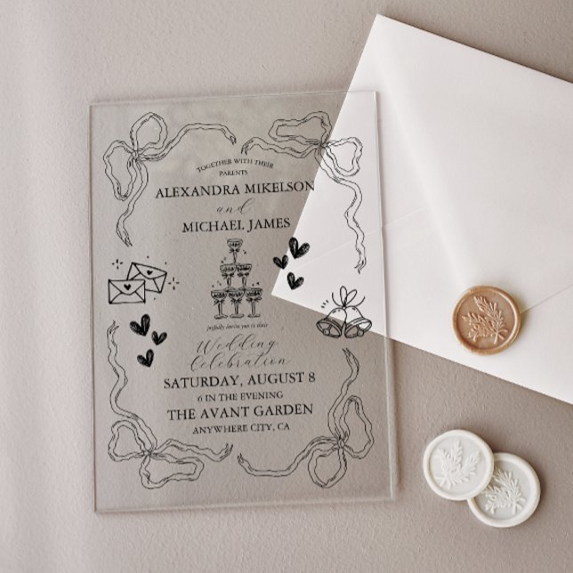 Black and White Whimsical Retro Doodle Art Wedding Acrylic Invitations (Creator Uploaded)