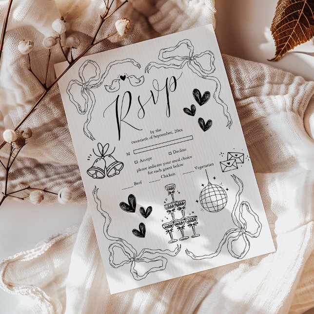 Black and White Whimsical Retro Doodle Art Wedding RSVP Card (Creator Uploaded)