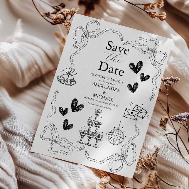 Black and White Whimsical Retro Doodle Art Wedding Save The Date (Creator Uploaded)