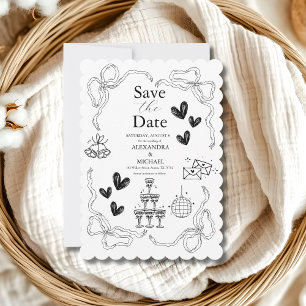 Black and White Whimsical Retro Doodle Art Wedding Save The Date