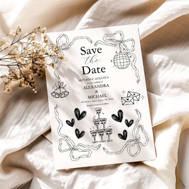 Black and White Whimsical Retro Doodle Art Wedding Save The Date (Creator Uploaded)