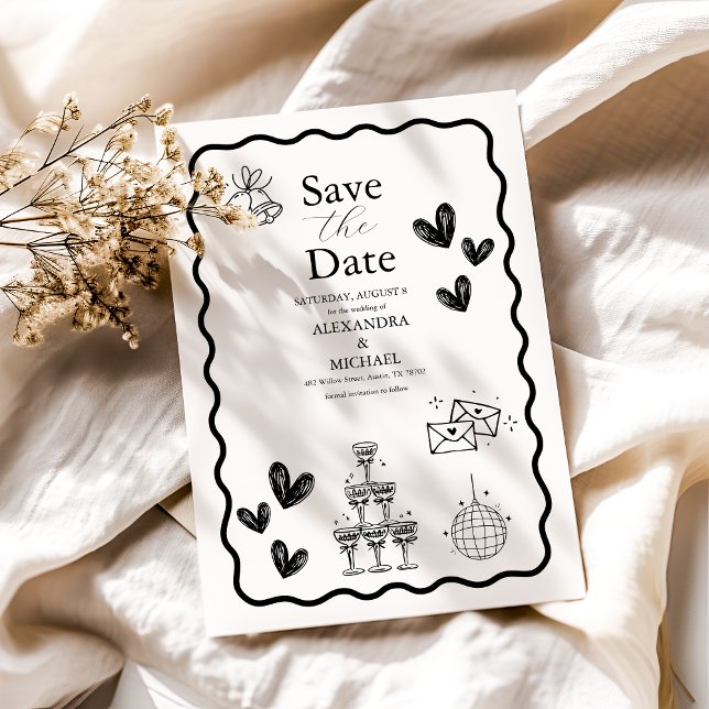 Black and White Whimsical Retro Doodle Art Wedding Save The Date (Creator Uploaded)