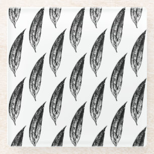 Black and White White Lily Leaf Print Glass Coaster