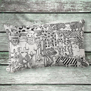 Black and White Wild Animals Hand Drawn Art Lumbar Cushion