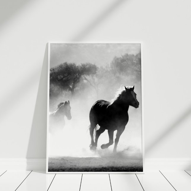 Black and White Wild Horses in Mist Wall Art (Black and White Horse Poster Print in a white frame.)