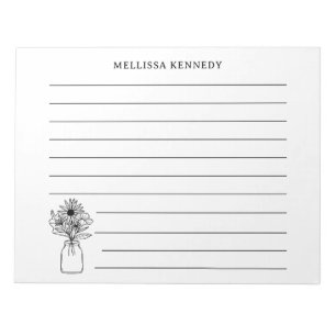 Black And White Wildflower Custom Name  Lined Notepad