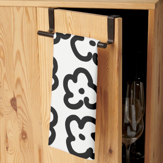 Black And White Wildflower Modern Trendy Design Tea Towel (Thirds Fold)