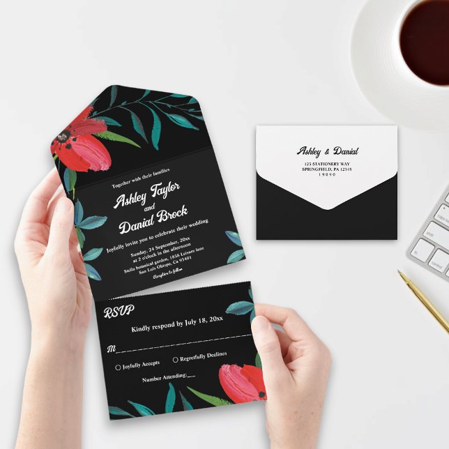 Black And White Wildflower Red Rose Floral Wedding All In One Invitation (Creator Uploaded)