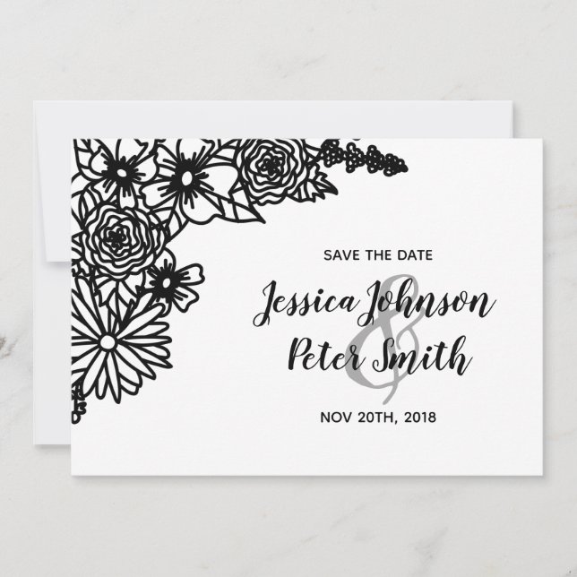 Black and White Wildflower Save The Date Card (Front)