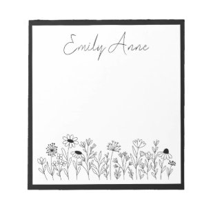 Black and White Wildflowers Line Drawing Flowers Notepad
