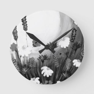 Black and White wildflowers Round Clock