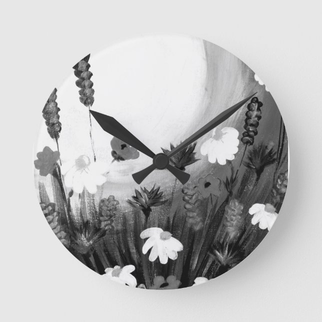 Black and White wildflowers Round Clock (Front)