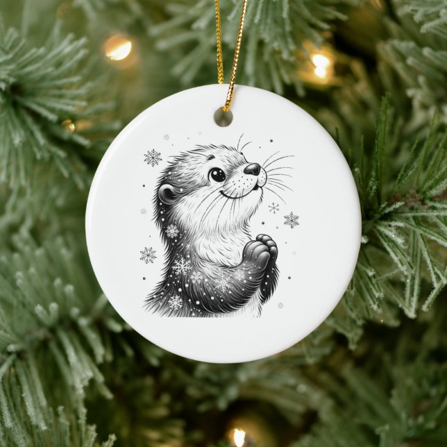 Black and White Winter Otter Ceramic Ornament (Tree)