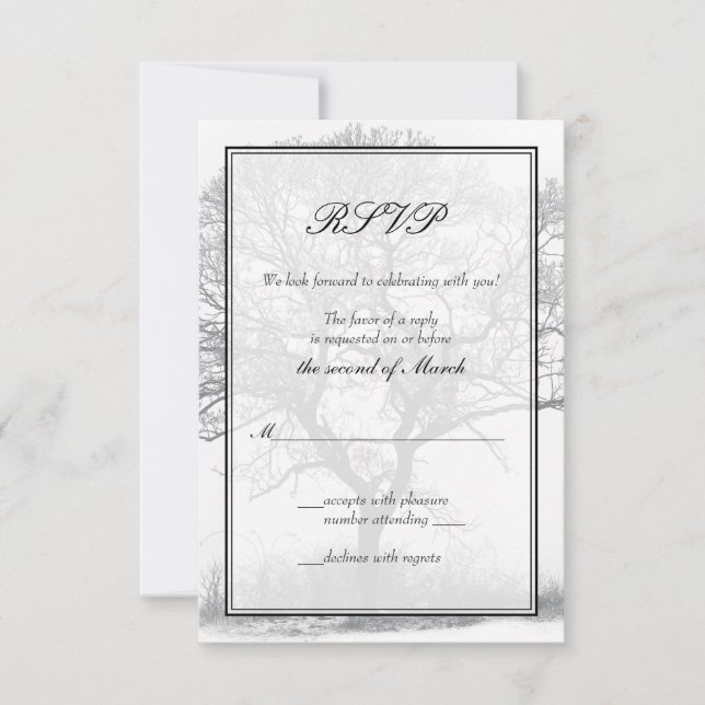 Black and White Winter Tree Wedding Reply Card (Front)