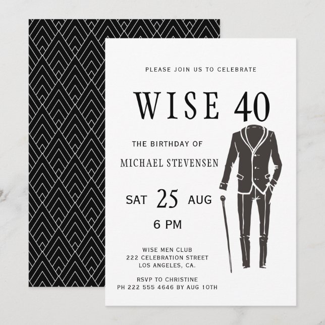 black and white wise 40 man birthday party invitation (Front/Back)