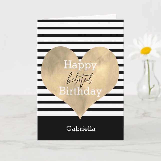 Black and White with Gold Heart Belated Birthday Card (Small Plant)