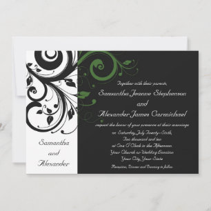 Black and White with Green Swirl Accent Invitation