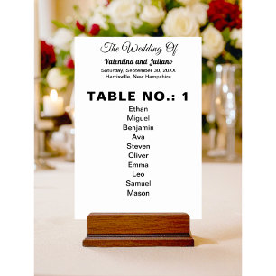 Black and White With Guests Names Wedding Table Number