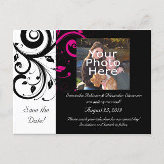 Black and White with Magenta Swirl Accent Announcement Postcard