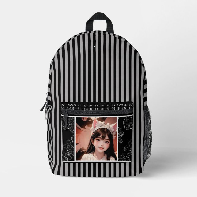 black and white with photo with personalisation printed backpack (Front)