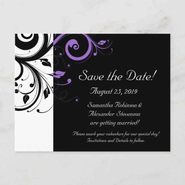 Black and White with Purple Swirl Accent Announcement Postcard (Front)