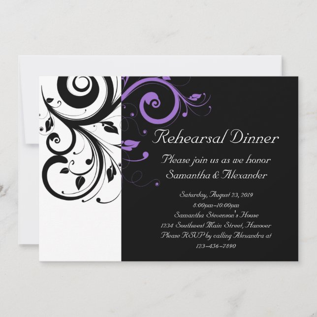 Black and White with Purple Swirl Accent Invitation (Front)